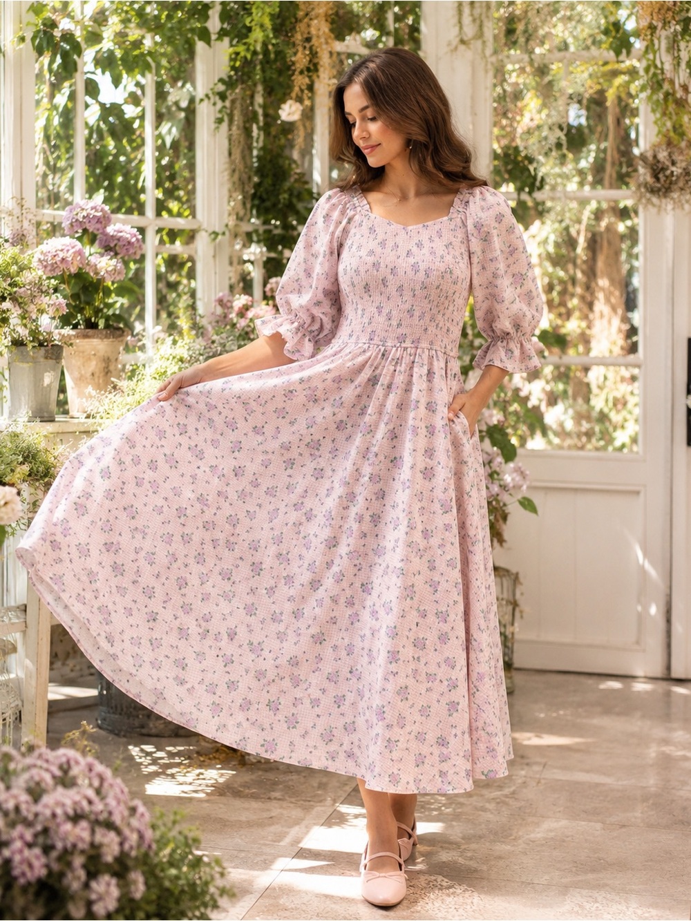 Ivy City Co Teagan Dress Purple Gingham Floral Midi Size Small
